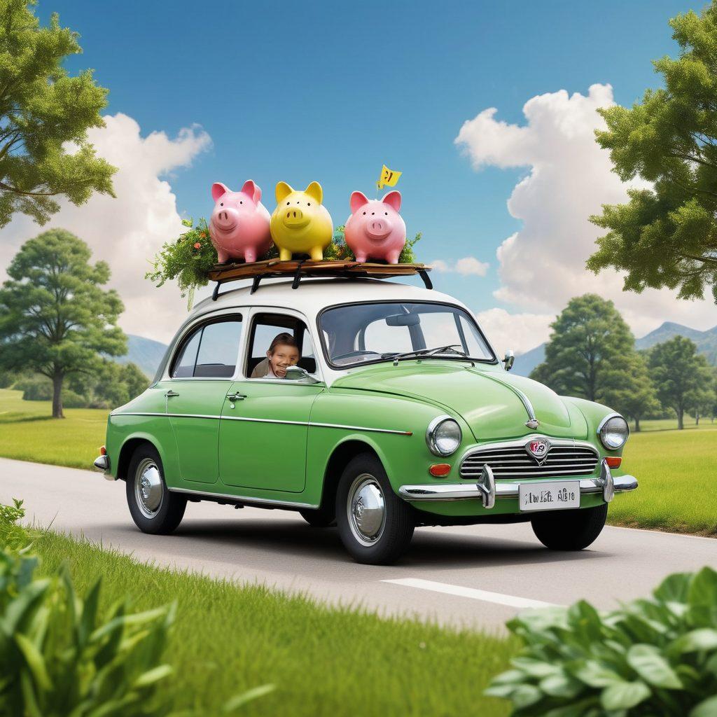 A visually striking collage showcasing a serene landscape with a family happily driving a car, surrounded by icons representing savings, insurance, and vehicle protection. Include symbols like a piggy bank, car shield, and check marks to signify affordable options. The scene should exude a sense of security and joy, painted in vibrant colors to evoke positivity and trust. super-realistic. vibrant colors. white background.