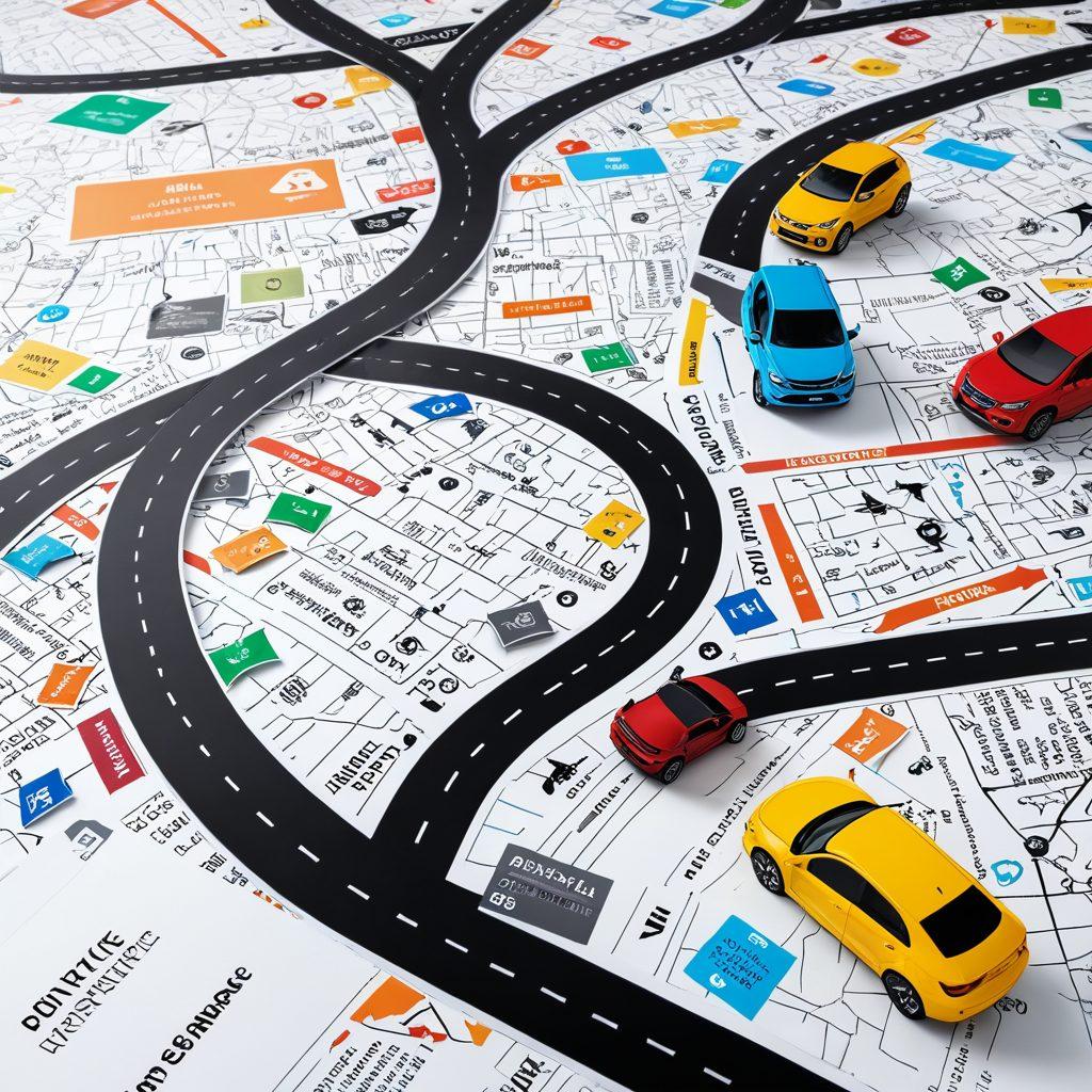A detailed and colorful roadmap filled with car icons, price tags, and policy documents, symbolizing the journey through auto protection. Include a compass pointing towards 'affordable quotes' and 'smart policies' in the background. The scene should be vibrant and inviting, capturing the essence of navigating through choices in auto insurance. super-realistic. vibrant colors. white background.