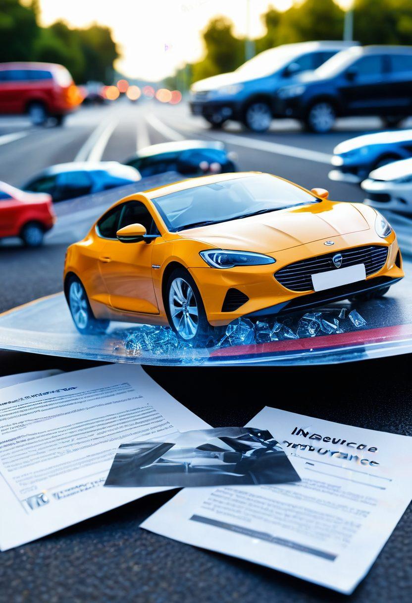 A collage depicting various aspects of vehicle insurance: a car shielded by protective layers, a hand holding an insurance policy, a road with diverse vehicles, and a background showing a calm and confident driver. The visual should emphasize security, trust, and safety in vehicle ownership. super-realistic. vibrant colors. soft-focus background.